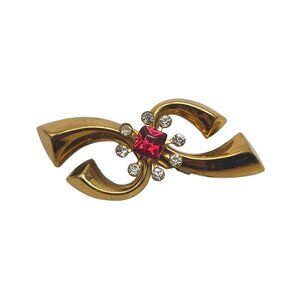 Vintage Brooch Pin Gold Tone Pink White Rhinestone Flower Bow